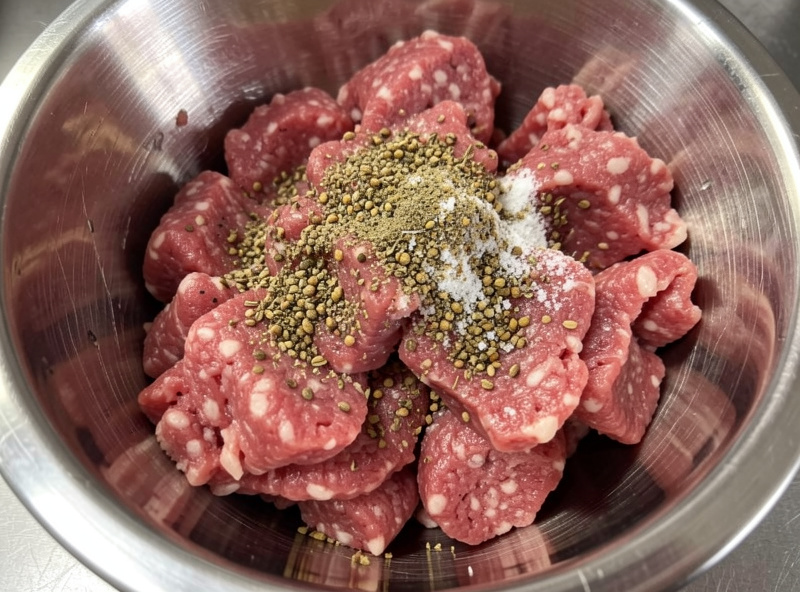 Ground beef being mixed with coarse coriander, cracked pepper and salt in a stainless bowl ready for sausage making