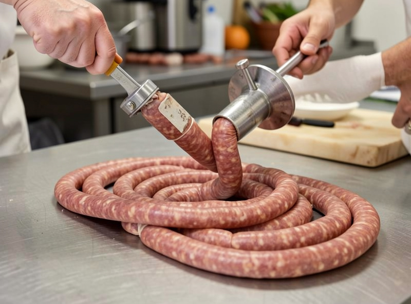 Thin sausage being stuffed into narrow natural casings with a sausage stuffer, fresh droewors coils forming