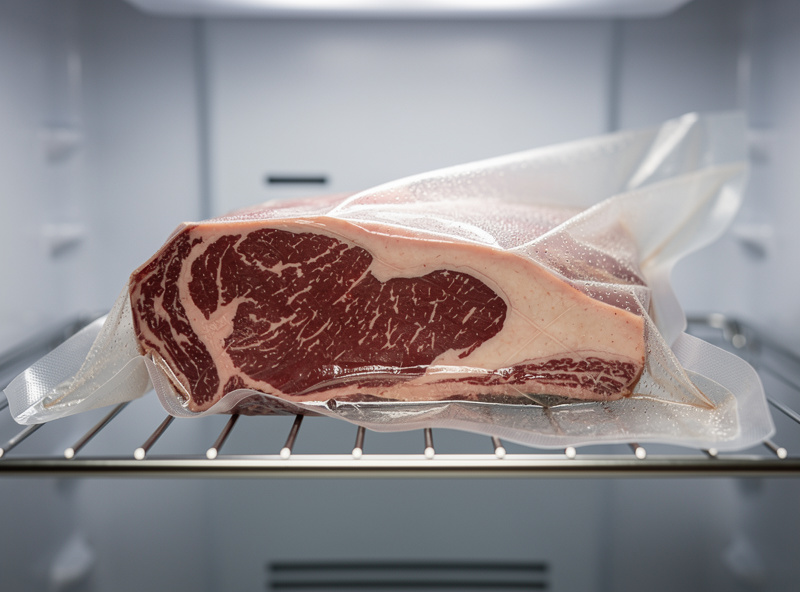 A ribeye subprimal sealed in a permeable dry-aging bag resting on a wire rack inside a kitchen refrigerator