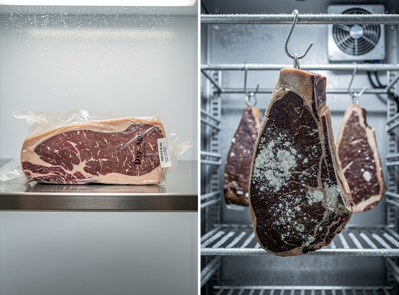 Split comparison of a bagged dry-aging cut in a fridge beside an open subprimal hanging in a dedicated aging chamber