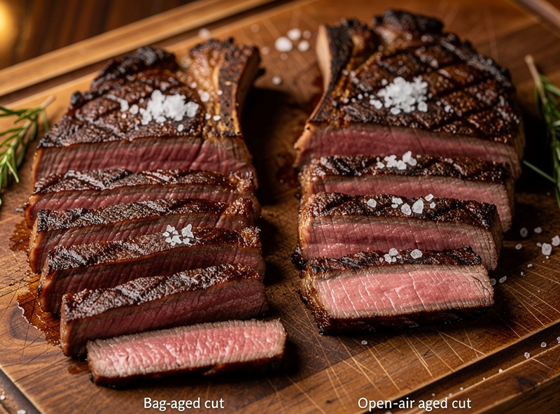 A cooked dry-aged steak from the bag method beside one from open-air aging plated together for comparison