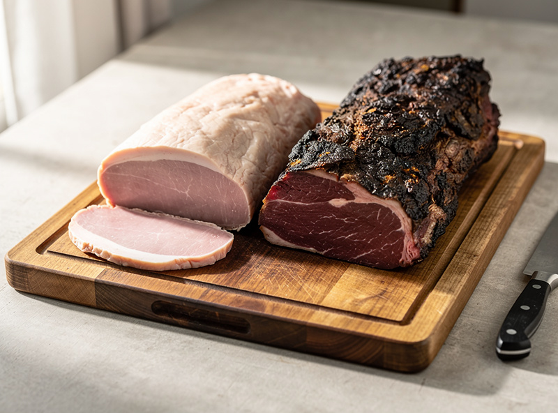 Side by side of a short-aged pork loin and a long-aged beef subprimal showing the difference in bark development