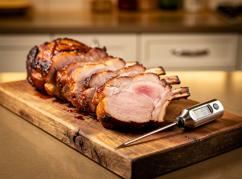 A roasted dry-aged pork rack sliced to show a juicy cooked interior beside a thermometer reading 145F