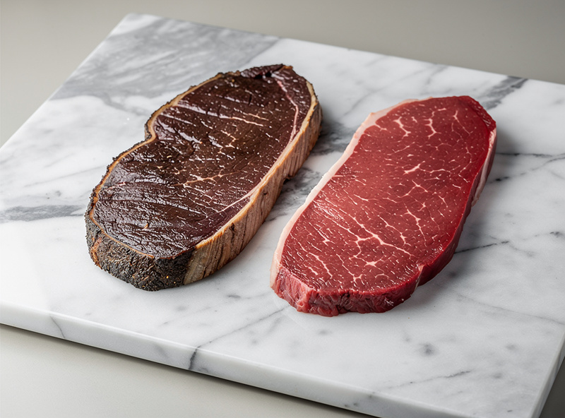 Two strip steaks side by side, one dark dry-aged with bark trimmed and one bright red wet-aged from vacuum packaging