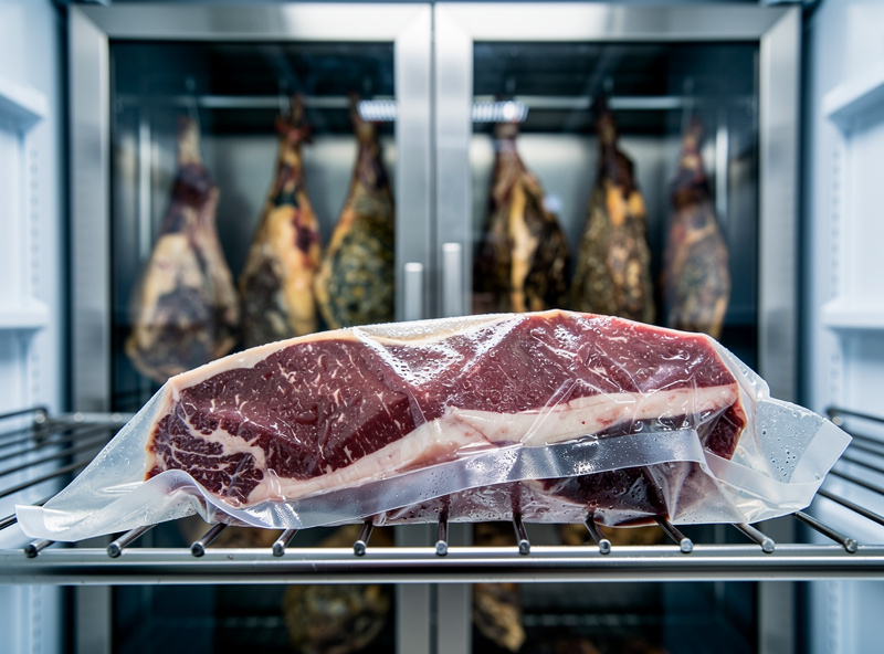 Vacuum sealed strip loin wet aging in a refrigerator next to an open dry aging chamber with hanging beef