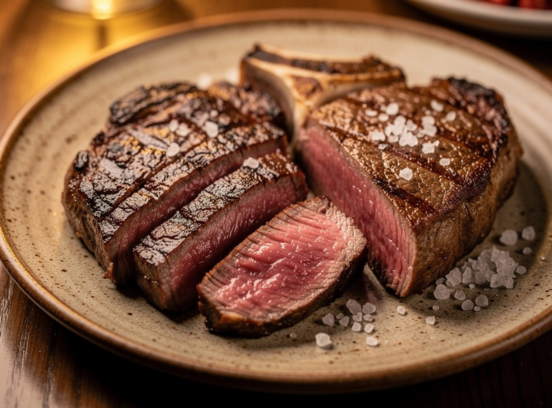 A cooked dry-aged steak and a cooked wet-aged steak plated together for a side by side taste comparison