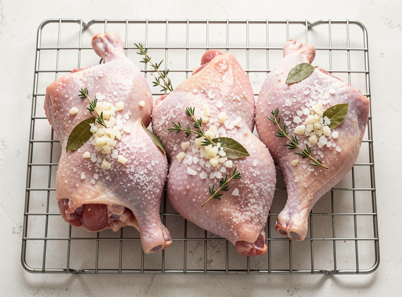 Raw duck legs rubbed with salt, garlic, thyme and bay on a wire rack, curing before confit