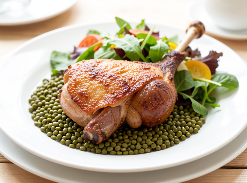 A crispy-skinned confit duck leg plated over lentils with a green salad