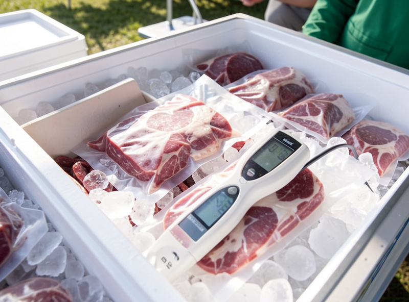 A market stall cooler packed with ice and vacuum-sealed cured meats with a thermometer probe