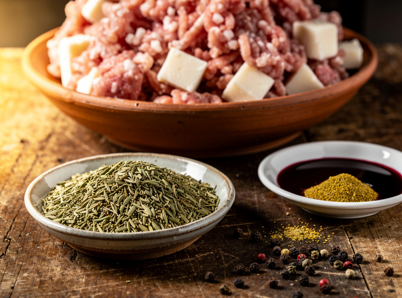 Whole fennel seeds and fine yellow fennel pollen in small dishes beside a bowl of ground pork and back fat, with red wine and cracked black pepper nearby