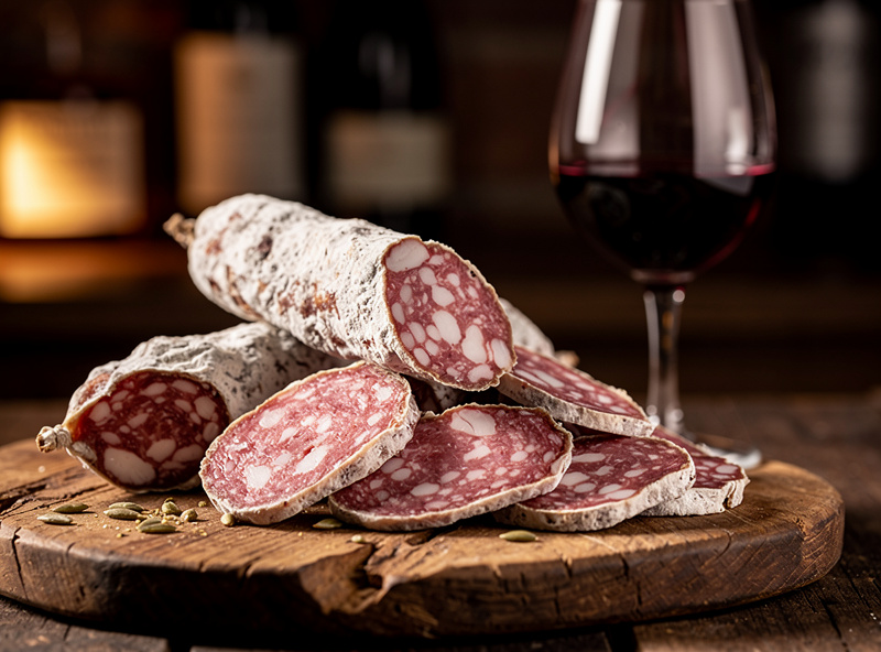 Sliced Tuscan finocchiona salami on a wooden board, a medium-fine rosy cross-section flecked with white fat and whole fennel seeds, exterior dusted with white mold