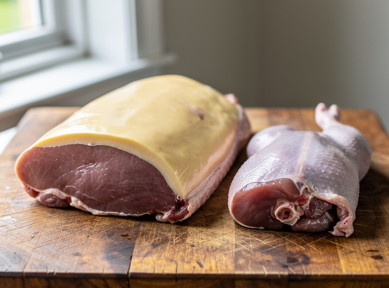 A large fatty goose breast beside a smaller duck breast on a cutting board, both skin-on with thick fat caps, raw, for comparison