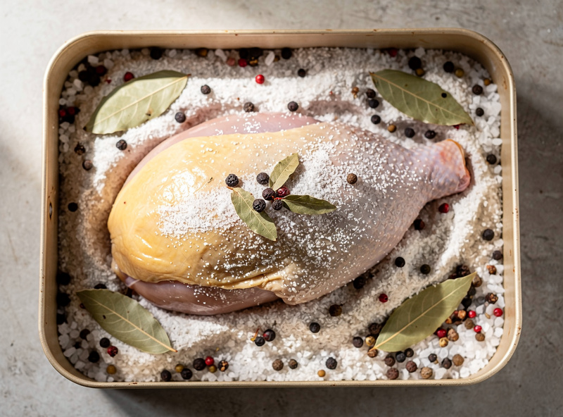 A goose breast buried fat-side up in a salt and sugar cure box with juniper berries and bay leaves, charcuterie preparation