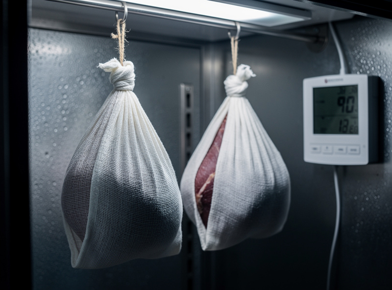 Duck and goose breasts wrapped in muslin hanging side by side inside a converted-fridge curing chamber, hygrometer visible