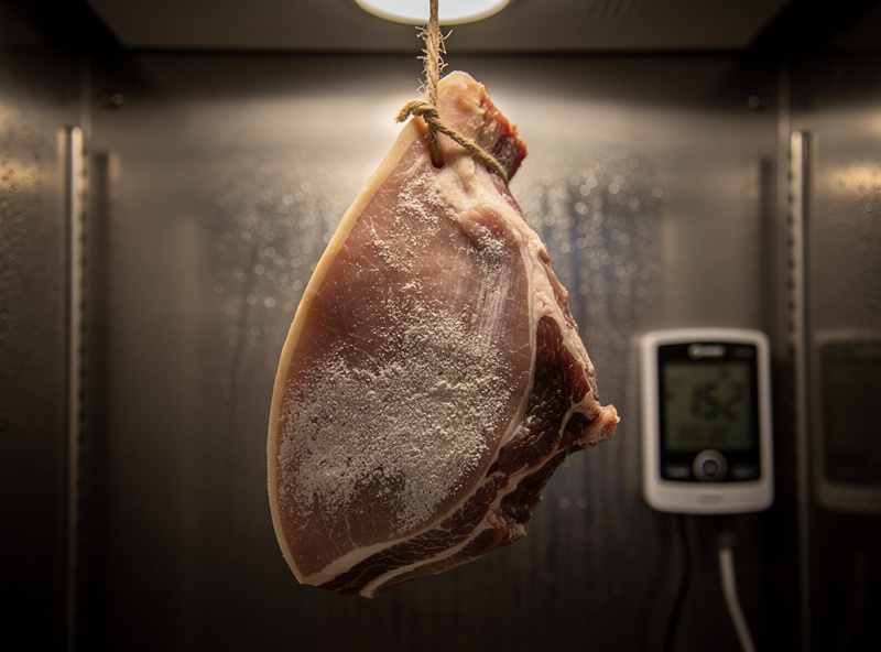 A trimmed pork jowl hanging by twine inside a converted-fridge curing chamber, surface dusted with white mould, a hygrometer reading nearby