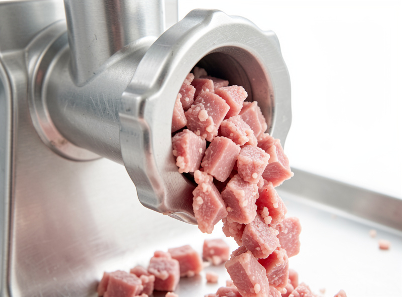 Cold cubed pork shoulder being ground through a metal grinder plate