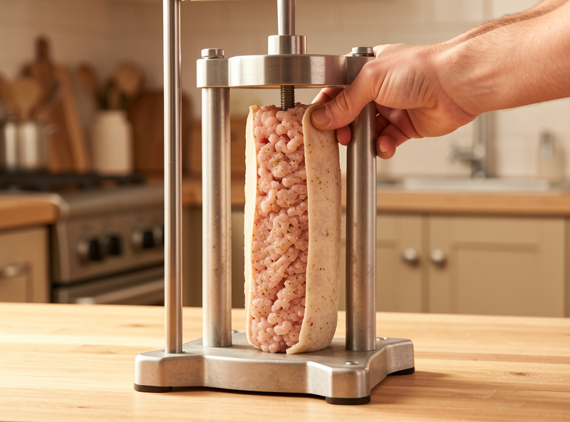 Hands guiding natural casing onto a vertical sausage stuffer horn filled with seasoned pork