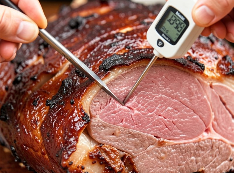 An instant-read probe thermometer inserted into the thickest part of a smoked pork shoulder