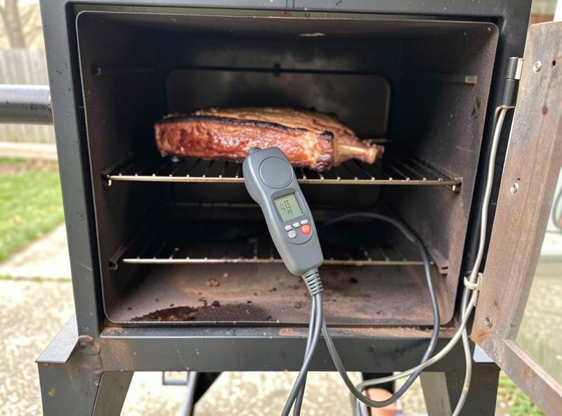 A leave-in probe thermometer with a digital readout monitoring a brisket inside a smoker