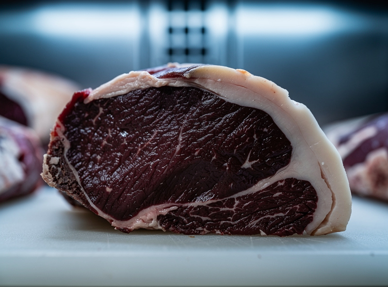 Beef subprimal at 21 days of dry aging showing a firm darkening bark forming on the surface