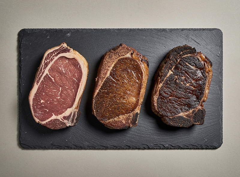 Side by side comparison of dry aged beef at 21 days 35 days and 90 days showing progressively darker bark