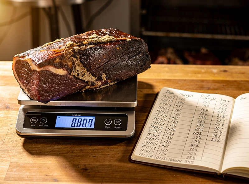 Digital scale weighing a dry aged subprimal next to a logbook tracking weight loss percentage over the age