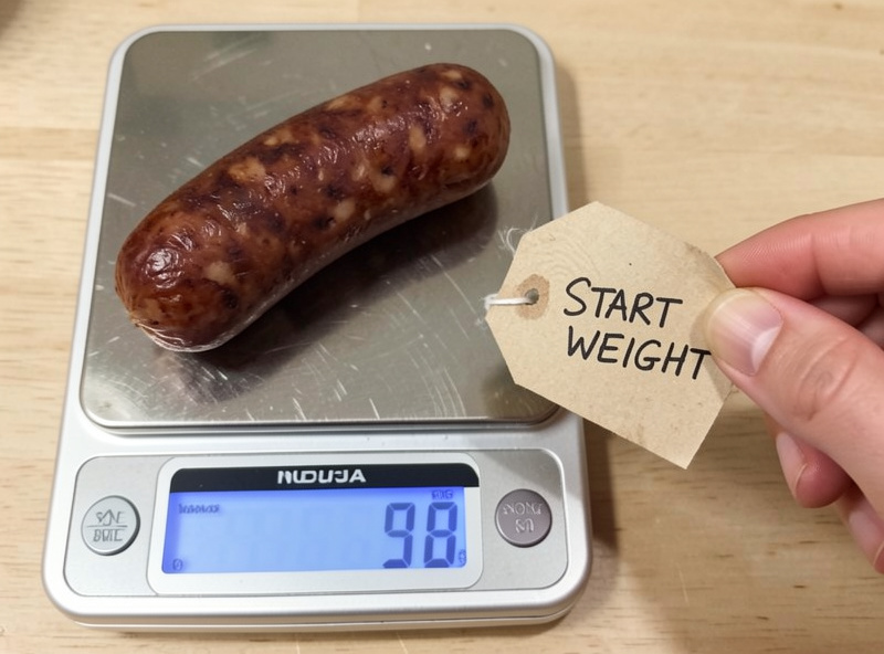 A nduja sausage on a digital scale during drying showing weight loss being logged