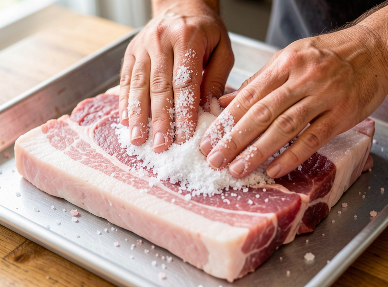 Digital gram scale weighing a fresh pork belly next to small bowls of salt and pink curing salt for a home bacon cure