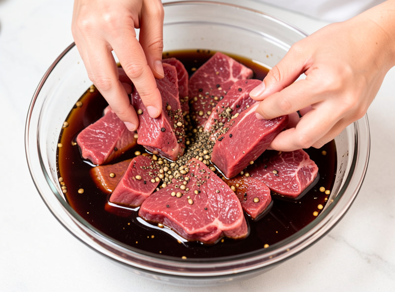 Raw beef strips submerged in a glass bowl of dark brown vinegar marinade with coriander seeds and black pepper