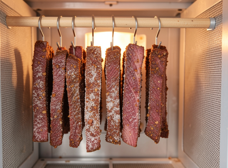 Salted spiced beef strips hanging from S hooks on a dowel inside a ventilated drying box