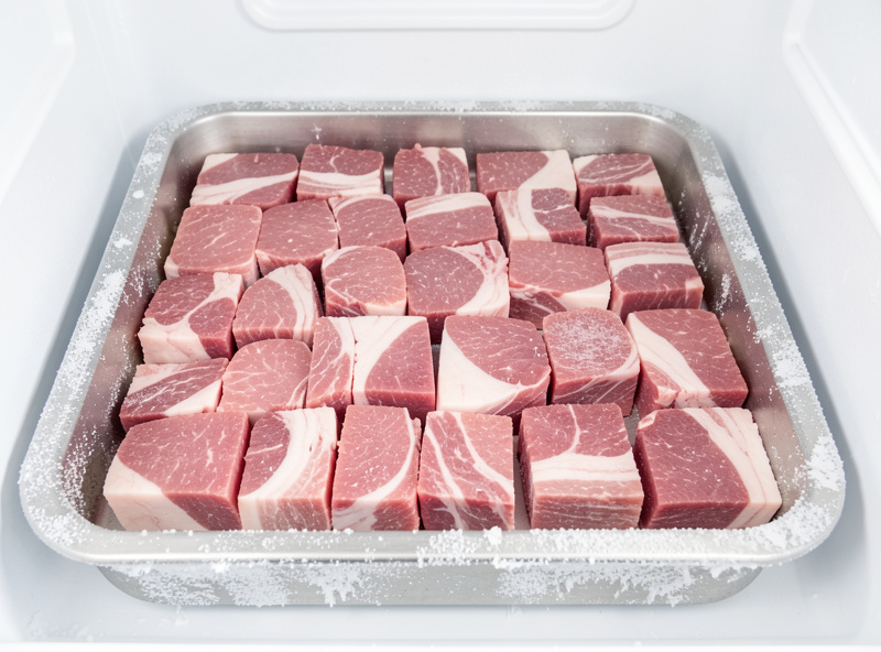 Cubes of pork shoulder on a metal tray with frosted edges chilling before grinding