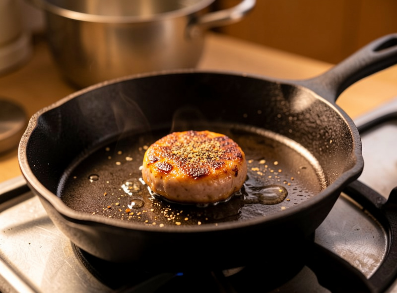 A small sausage test patty frying in a cast iron pan to check the seasoning