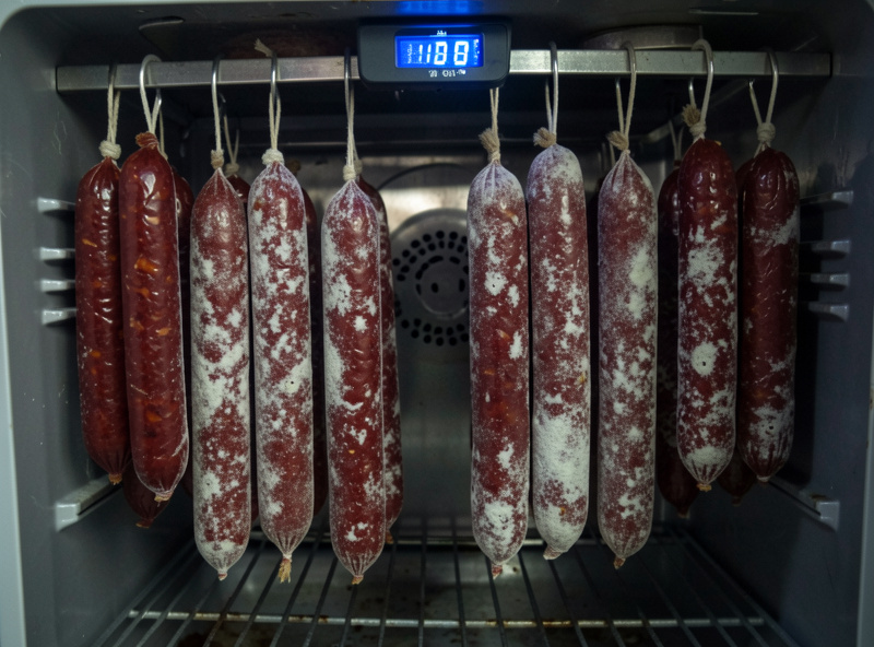 'Nduja sausages hanging in a converted-fridge curing chamber with a humidity controller display
