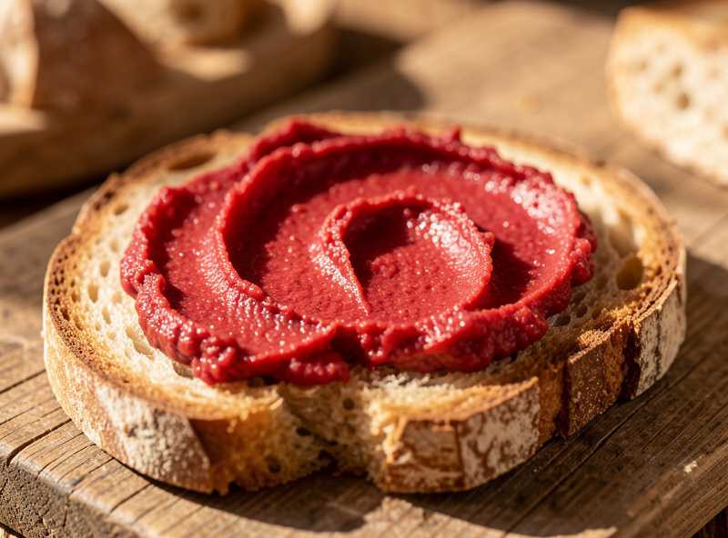 Finished 'nduja sliced open showing soft spreadable bright red paste on bread