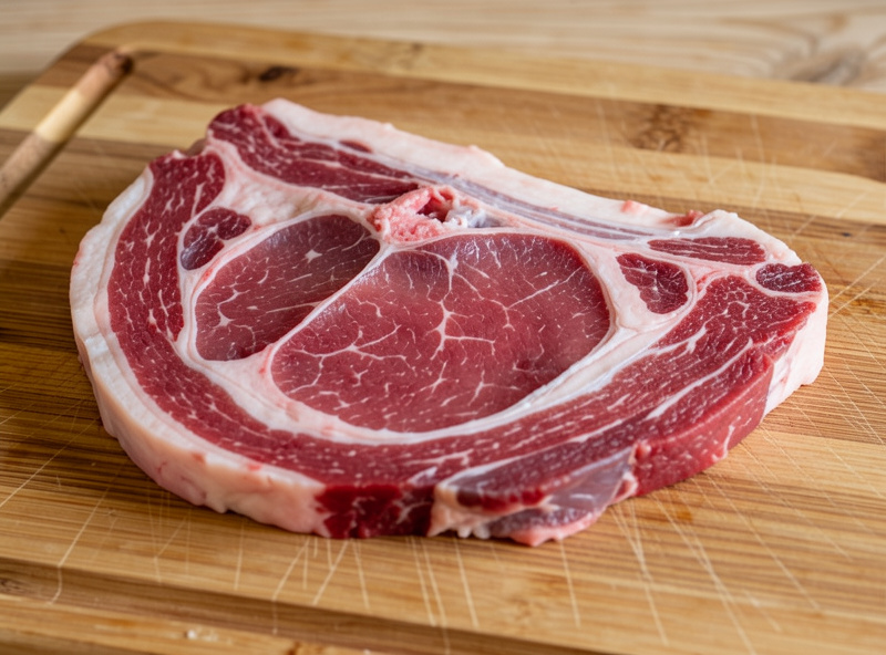 A boned pork leg opened on a cutting board ready for equilibrium curing
