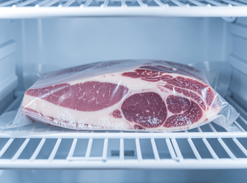 A pork leg vacuum sealed with curing salt cold curing in a refrigerator