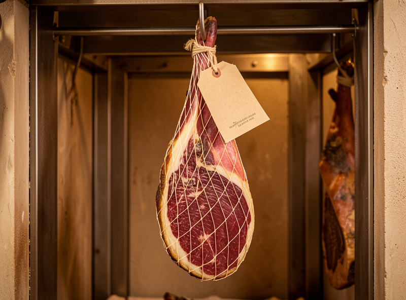 A netted boneless prosciutto hanging in a curing chamber with a weight log tag