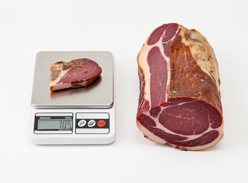 A digital scale showing the weight difference between a fresh and a dry-cured loin
