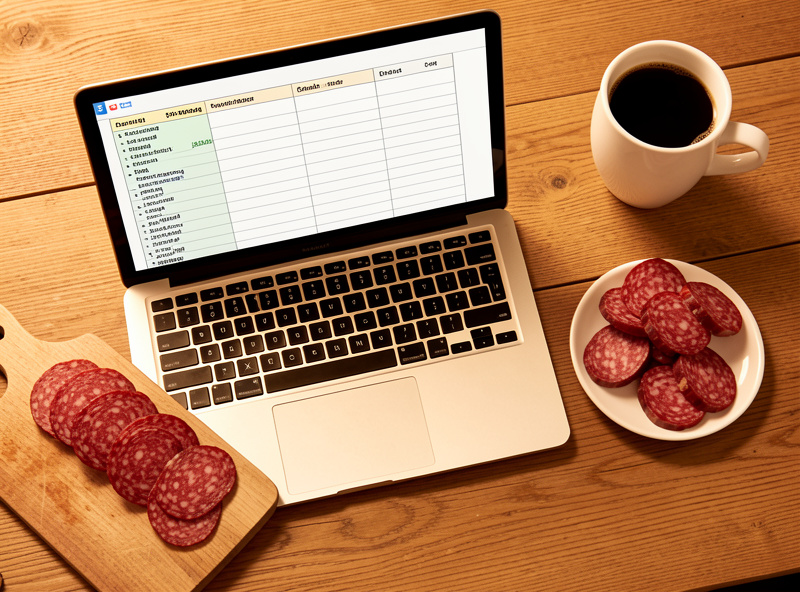 A laptop showing a simple charcuterie cost spreadsheet beside slices of salami