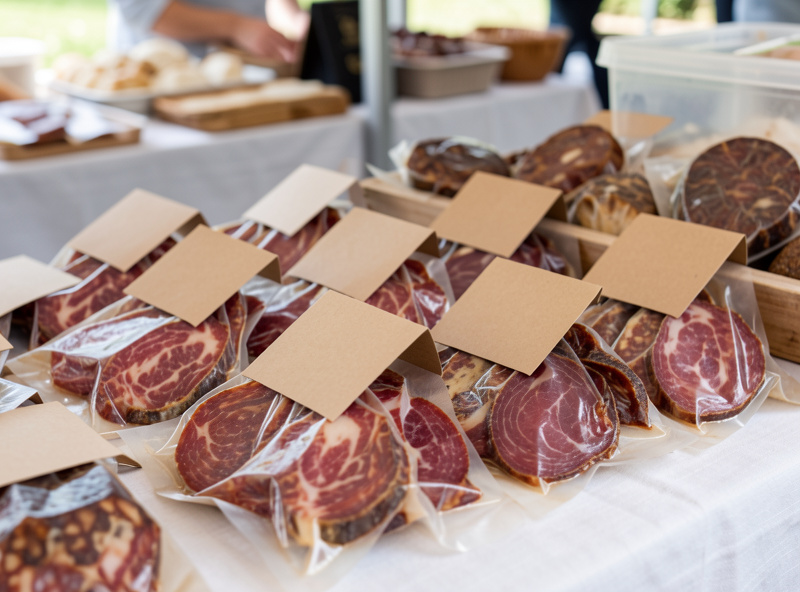 Packaged dry-cured meats with small blank price cards on a market table
