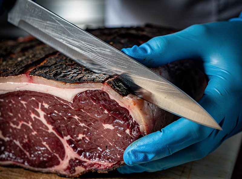 A stiff boning knife lifting a sheet of hard dark bark off a dry-aged ribeye subprimal on a wooden board