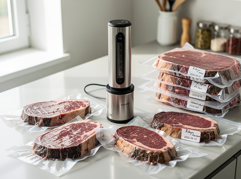 Portioned dry-aged steaks being vacuum sealed for freezer storage on a kitchen counter