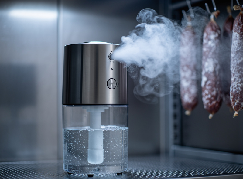 Ultrasonic cool-mist humidifier releasing cold fog inside a curing chamber next to hanging salami, distilled water reservoir visible