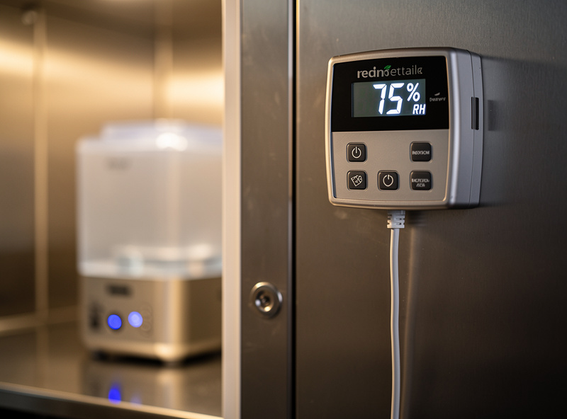 Plug-in humidity controller wired to an ultrasonic humidifier on a curing chamber, display reading 75 percent relative humidity