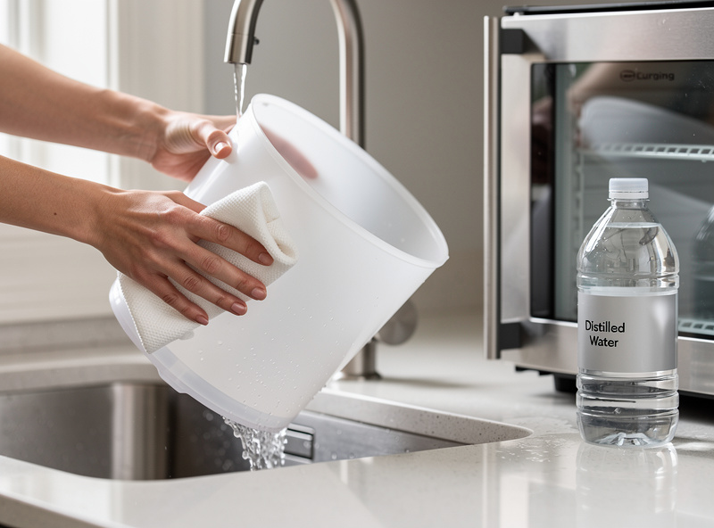 Hand emptying and wiping an ultrasonic humidifier reservoir next to a jug of distilled water beside a curing chamber