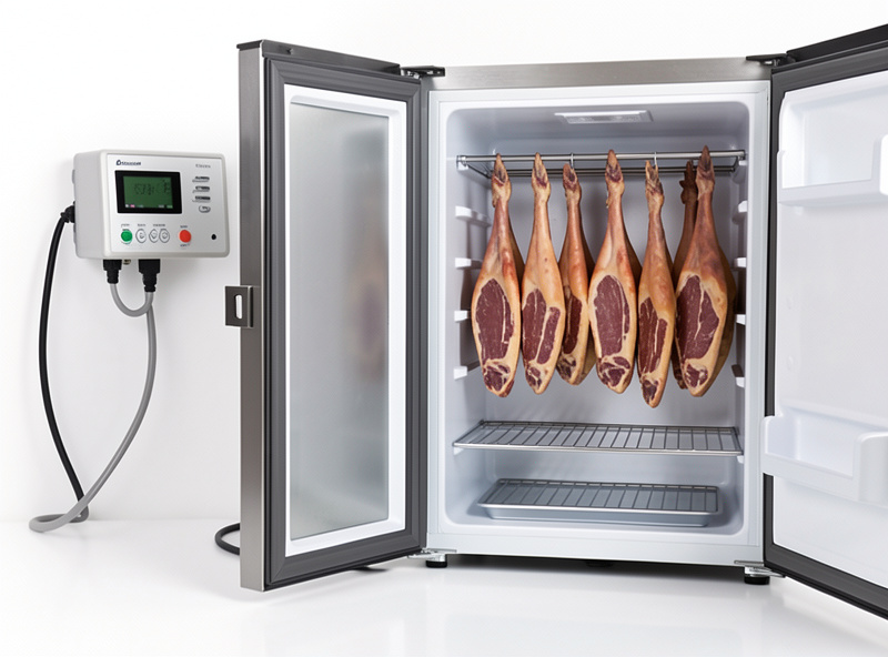 Inkbird ITC-308 temperature controller and IHC-200 humidity controller mounted beside a converted fridge curing chamber