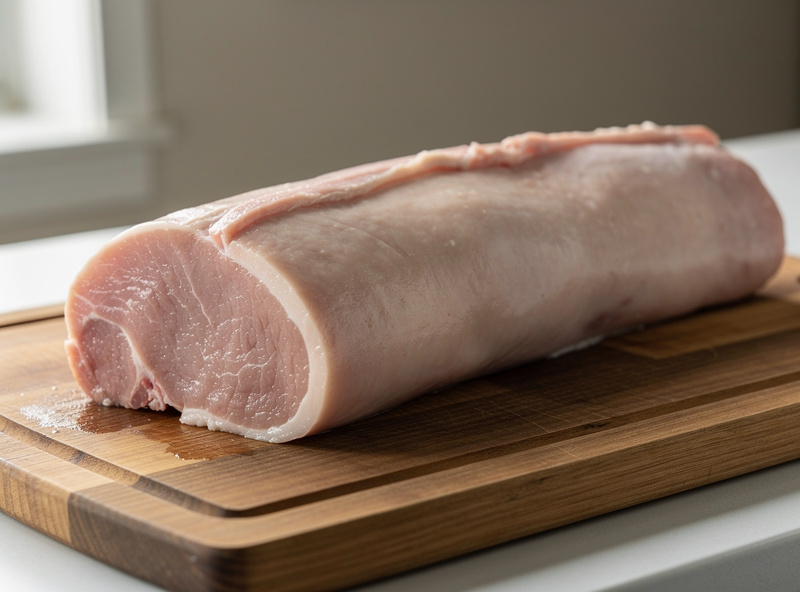 A whole trimmed boneless pork loin on a cutting board, long lean cylindrical muscle with a thin fat cap, ready for curing