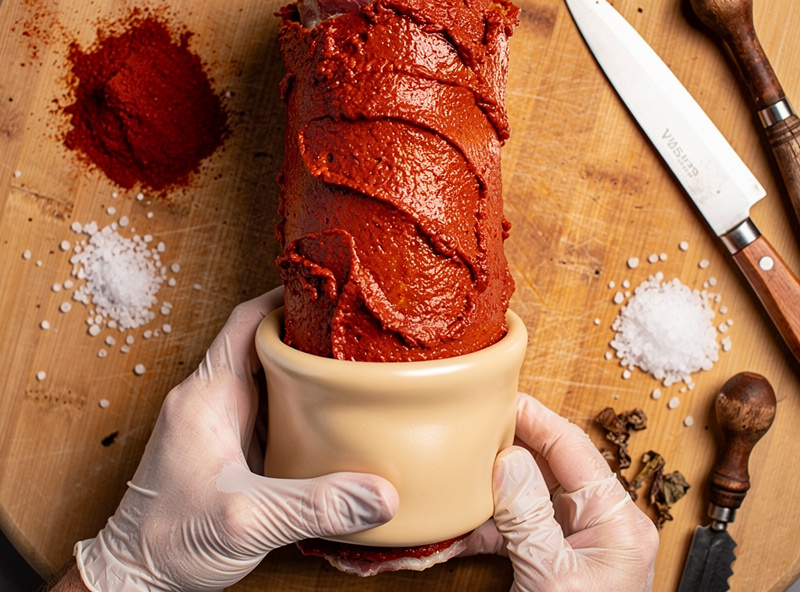 A cured pork loin coated thickly in red smoked paprika pimentón paste, being slid into a beef middle casing for lomo embuchado