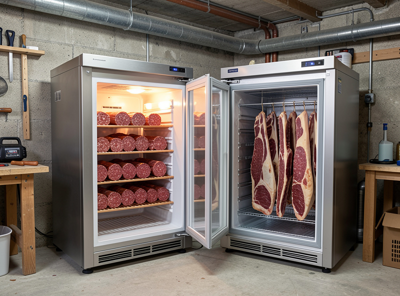 Two converted fridge curing chambers side by side, one set warm for fermentation and one cool for drying