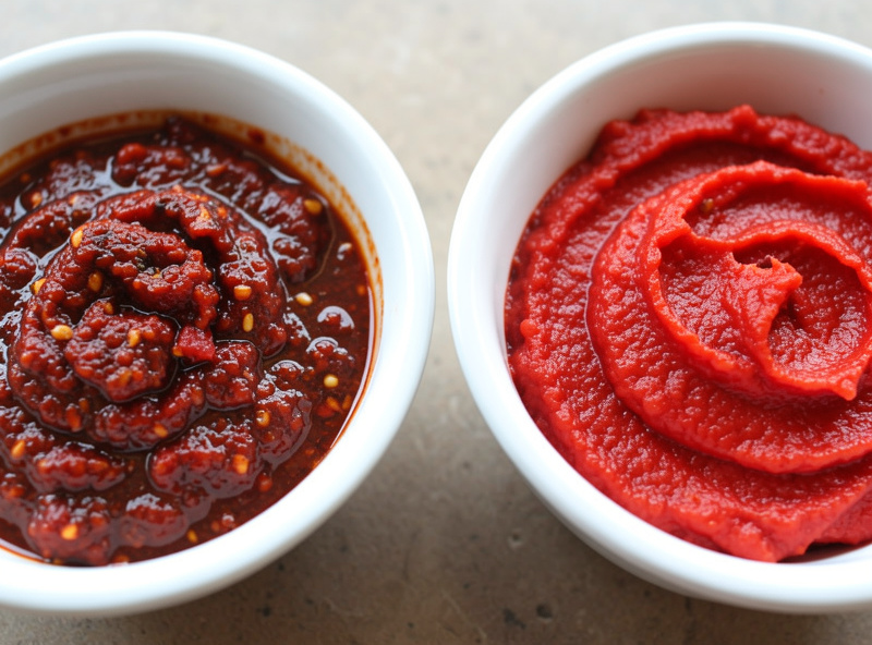 Hot Calabrian chili paste and sweet roasted red pepper purée in separate bowls ready to blend into nduja